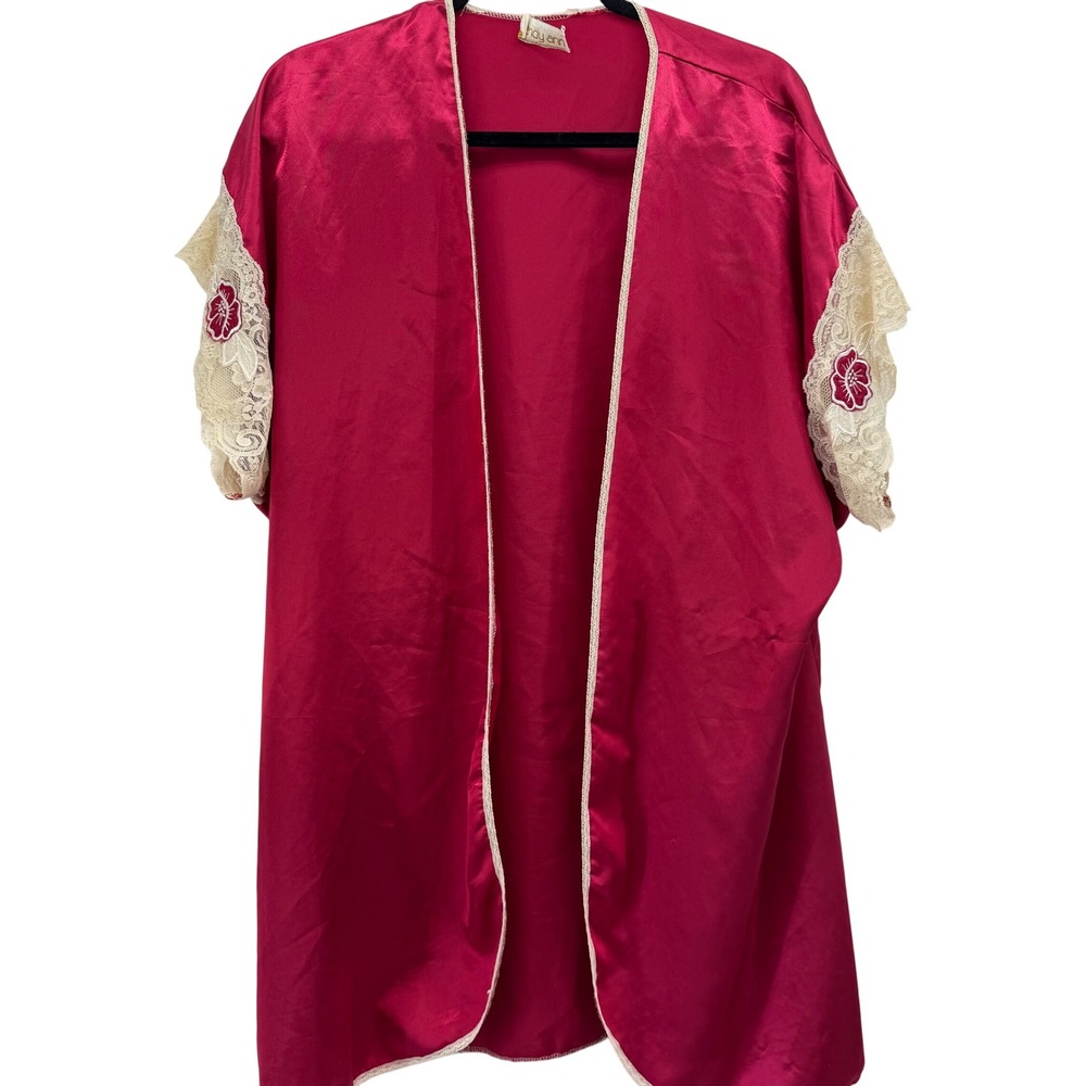 Wendy Ann Women's M Red Lace Floral Kimono Robe Jacket Sheer Sleeve Boho Chic‎
